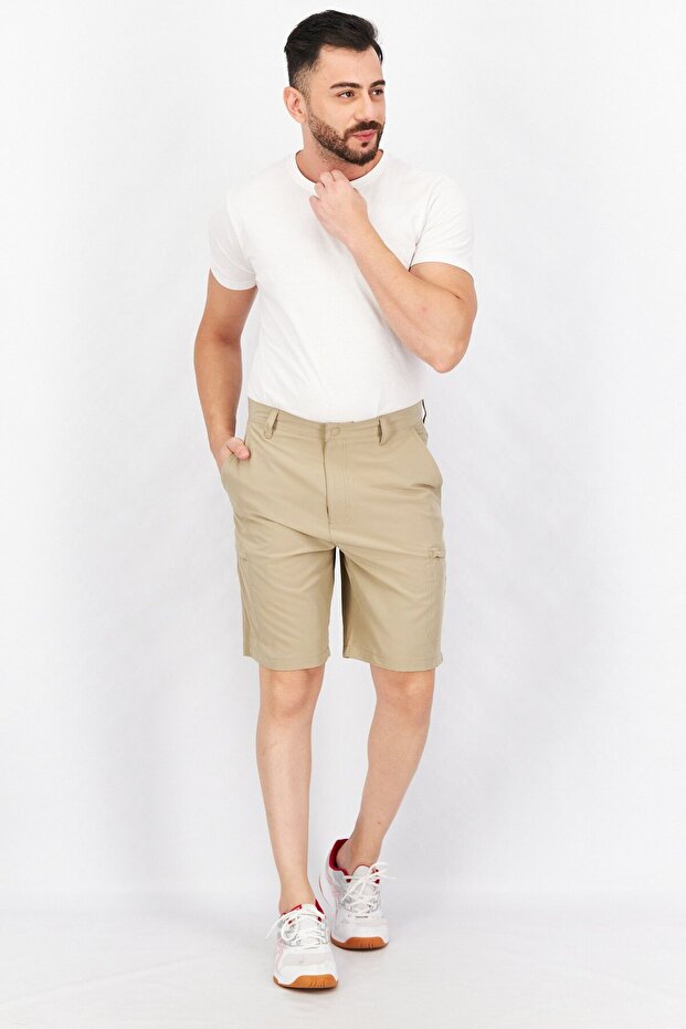 Men Plain Basic Shorts, Khaki Brown - 2