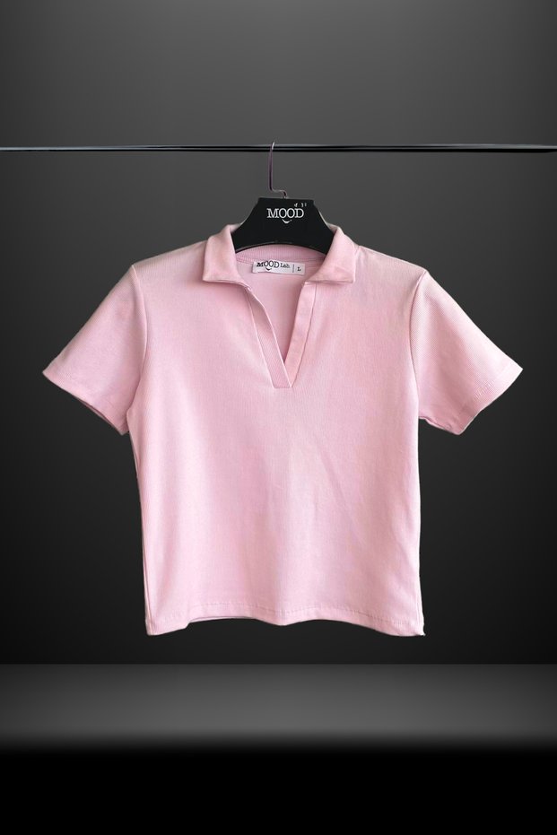 Women's Light Pink Polo Neck Ribbed Camisole Short Sleeve T-Shirt