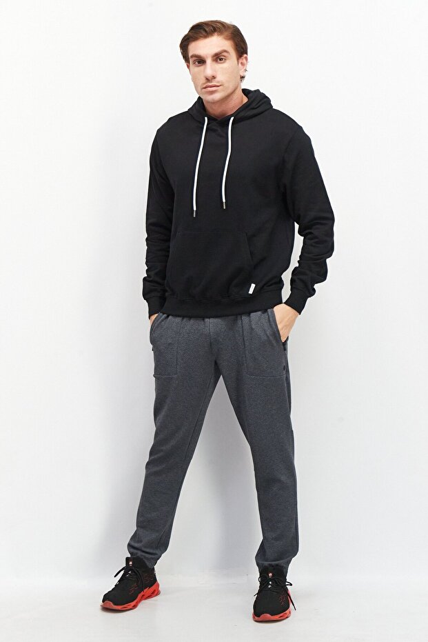 Men Solid Hooded Sweatshirt, Black - 2