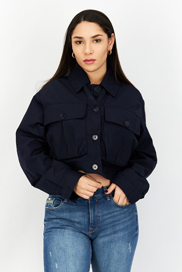 Women Solid Bomber Jackets, Navy - 1