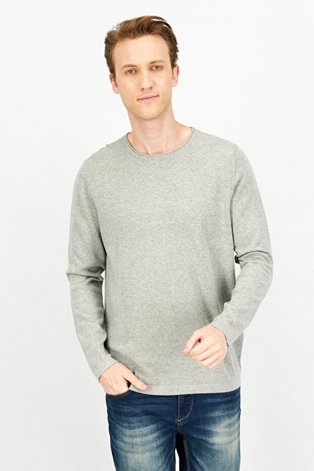 Men Round Neck Long Sleeve Solid Sweater, Grey - 1
