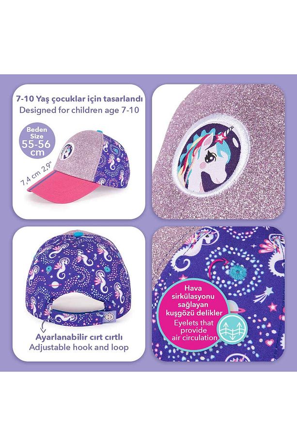 Milk&moo Ayris 7-10 Yaş Kız Şapkası - Unicorn Temalı, Simli, Pembe-mor, Ayarlanabilir Yazlık - 6