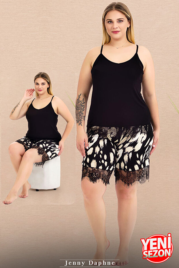 Lady Plus Size Print Shorts Suspender Zero Sleeve Lace Shorts Pajama Set 10425