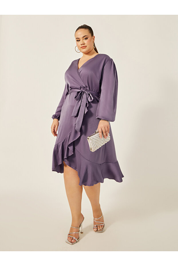 فستان ميدي ملفوف بأكمام منفوخة سادة مقاس كبير - 1