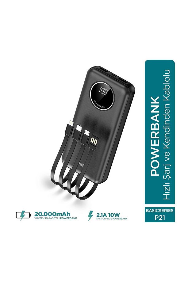 Force P21 Led Ekranlı Micro Lightning Type-c Ve Usb-a Kablolu 20.000mah Powerbank - 2