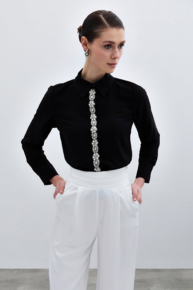 Şerit Aksesuarlı Gömlek - Siyah - 4