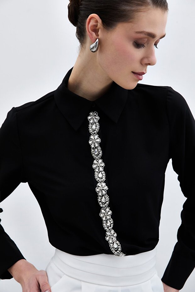 Şerit Aksesuarlı Gömlek - Siyah - 5