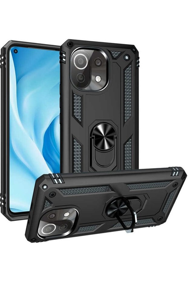 Case for Mi 11 Lite with Ring Magnetic Vega Cover Black + Full Covering Screen Protector