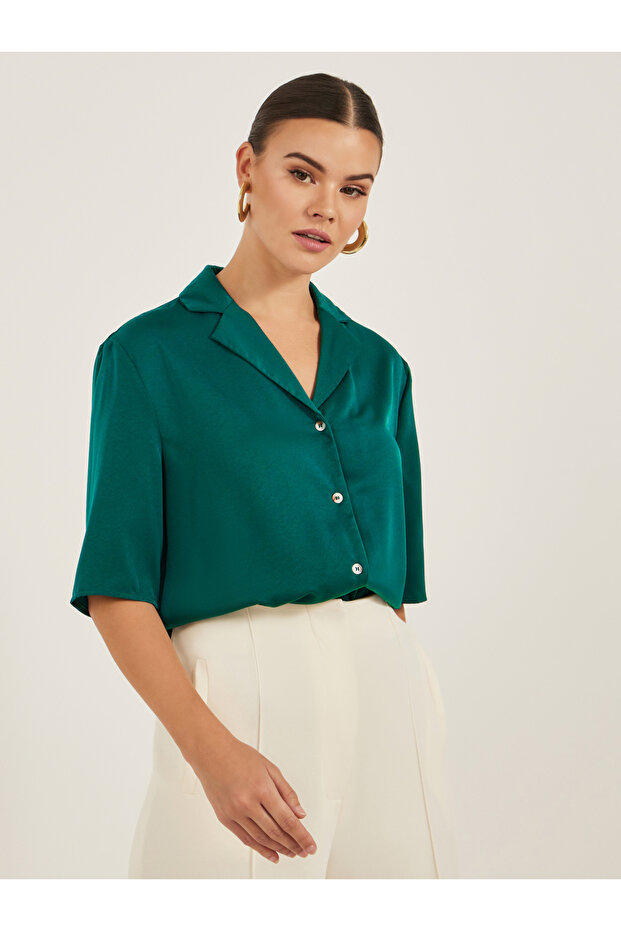 Solid Notch Lapel Boxy Shirt - 1