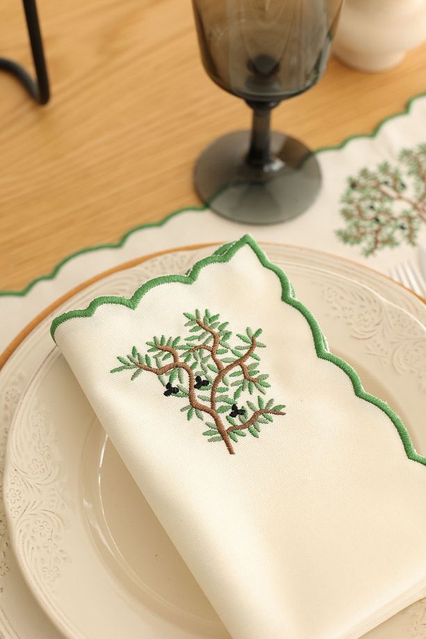 2'li Set Zeytin Ağacı İşlemeli Pamuk Peçete - 4
