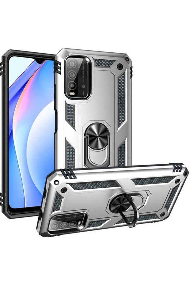 حافظة لهاتف Redmi 9t مع حلقة مغناطيسية وغطاء Vega فضي + واقي شاشة شبح