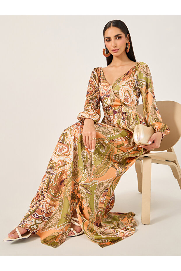 All-Over Print Cuffed Sleeves A-Line Maxi Dress