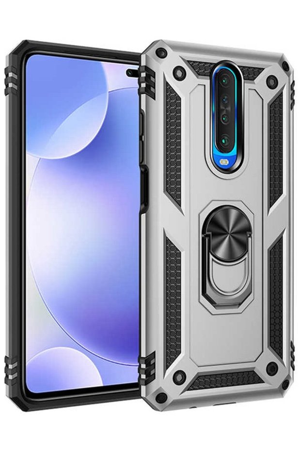 Redmi K30 Case with Ring Magnetic Vega Cover Silver + Glass Screen Protector