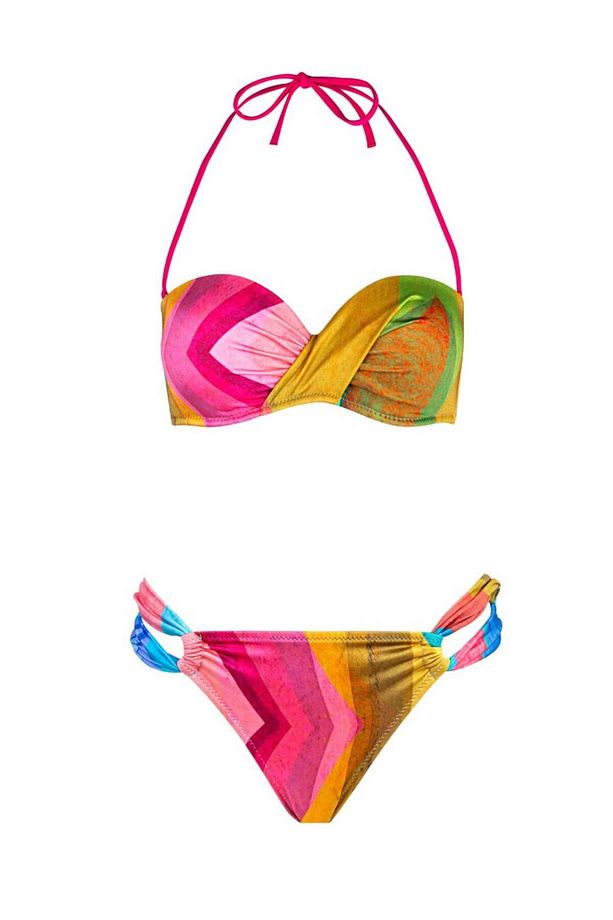 4610 Mavi Fuşya Desenli Straplez Bikini Takımı - 5
