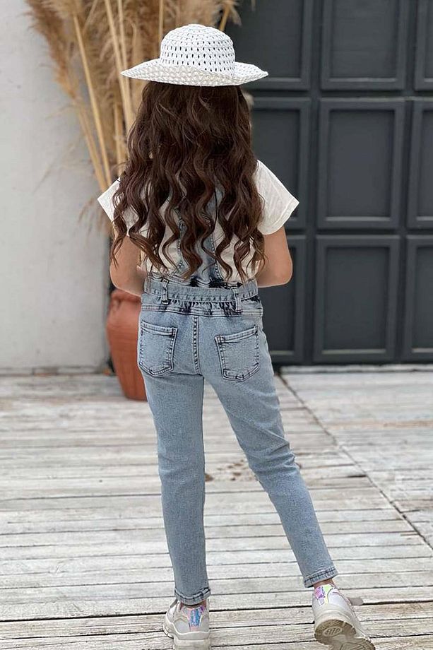 Kız Çocuk Üzeri Digital Baskılı T-shirt Yırtmaç ve Kedi Detaylı Mavi Jean Salopet Takım - 4