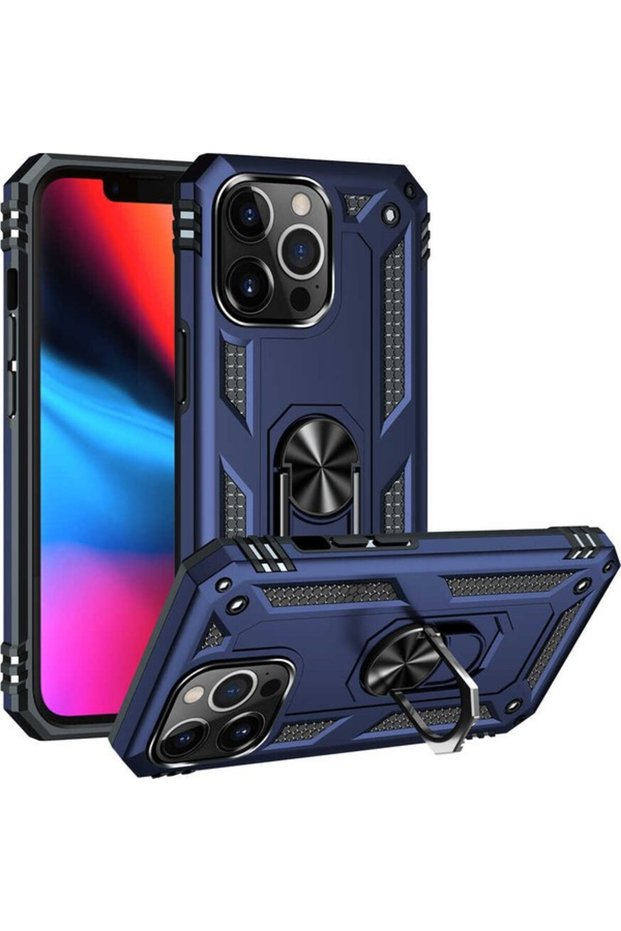 iPhone 13 Pro Max Case with Ring Magnetic Vega Cover Navy Blue + Glass Screen Protector