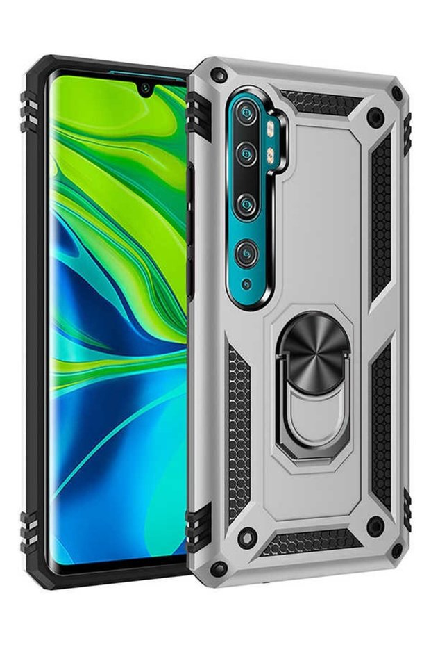 حافظة لهاتف Mi Note 10 مع حلقة مغناطيسية وغطاء فيغا فضي + واقي شاشة شبح
