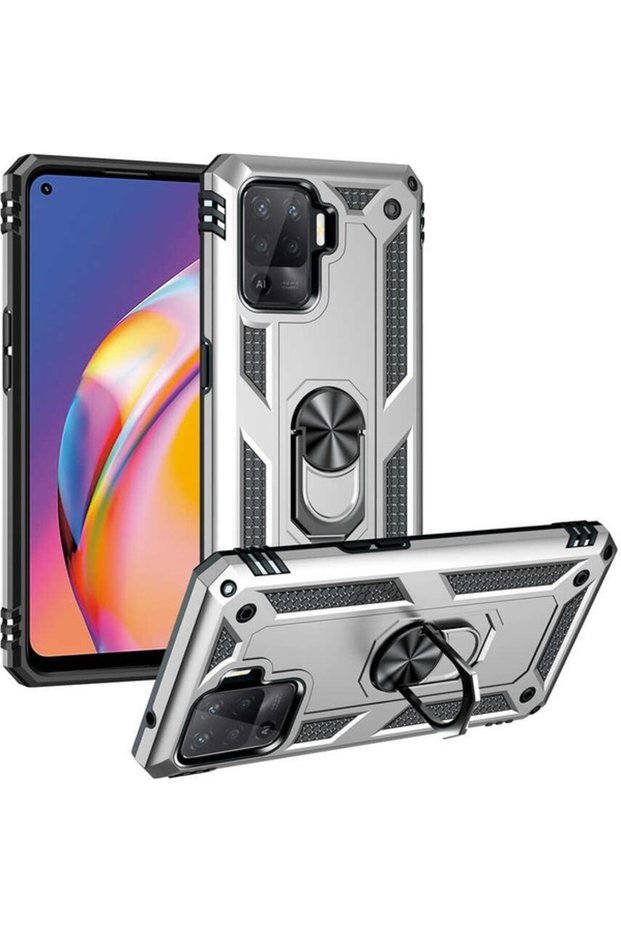Opo Reno 5 Lite Case with Ring Magnetic Vega Cover Silver + Glass Screen Protector