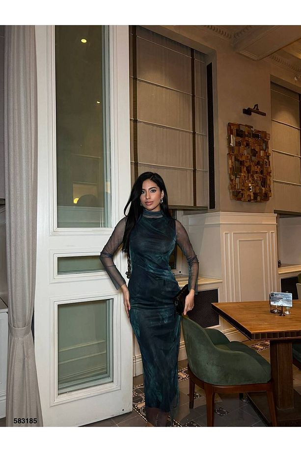 Kadın Yeşil Hakim Yaka Batik Desenli Transparan Tül Kollu Astarlı Drapeli Midi Abiye Elbise - 2