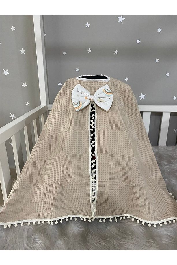 Kahve Waffle Pike ve Dağ Desen Panço Model Puset Örtüsü Çarşafı ve Puset Minderi 3'lü Set - 3