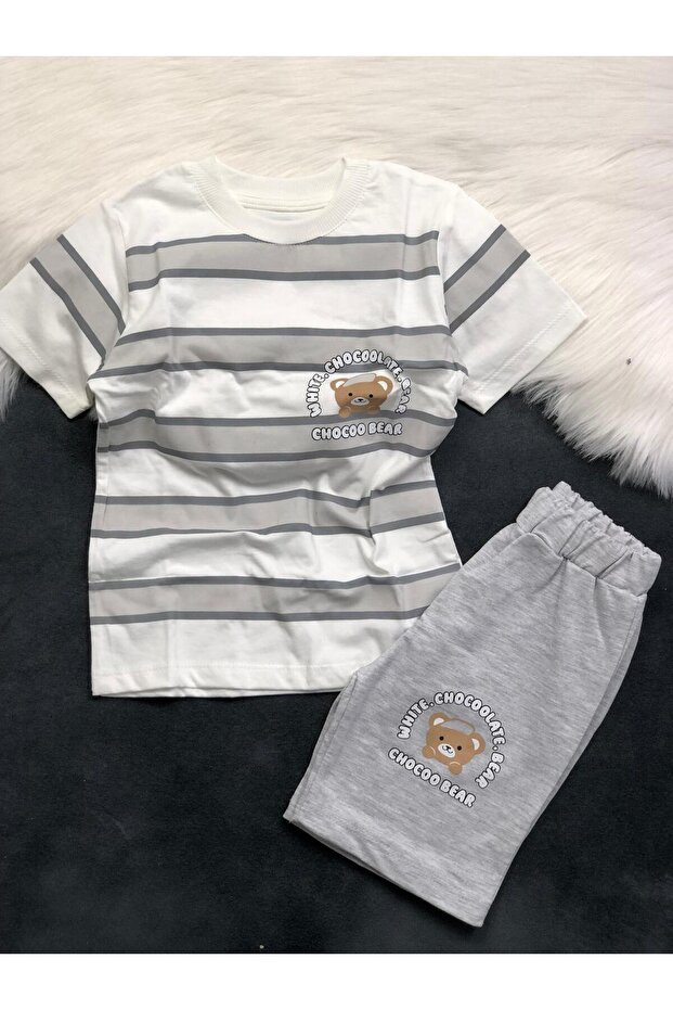 Summer Children's Top and Bottom Set with Teddy Bear Print, Cotton