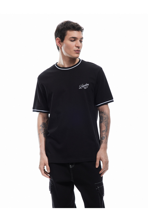 Cotton Short Sleeve Bias Embroidered Regular Fit Crew Neck T-Shirt