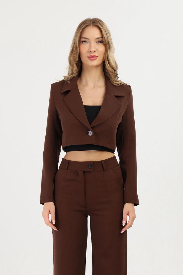 Koyu Kahve Crop Blazer Ceket - 1