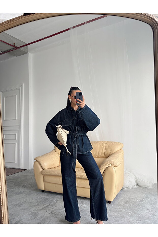 Σκούρο μπλε ναυτικό τζιν σετ oversized με μπουφάν και παντελόνι ψηλόμεσο - 8