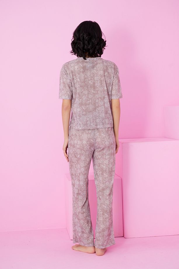 kahve çiçek desenli Pointel Ajurlu/Delikli Bisiklet Yaka Örme Pijama Takım - 3