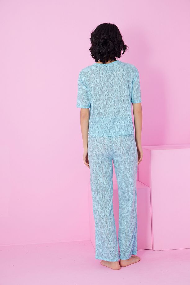 mavi kahve çiçek desenli Pointel Ajurlu/Delikli Bisiklet Yaka Örme Pijama Takım - 3