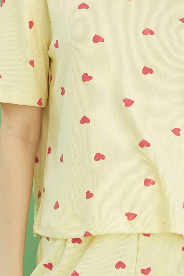 sarı kalp baskılı Fitilli Kaşkorse Örme Pijama Takım - 2