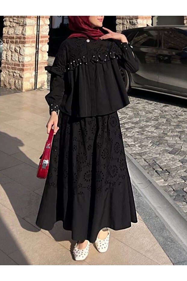 Single Button Ruffled Front Skirt Suit - Black