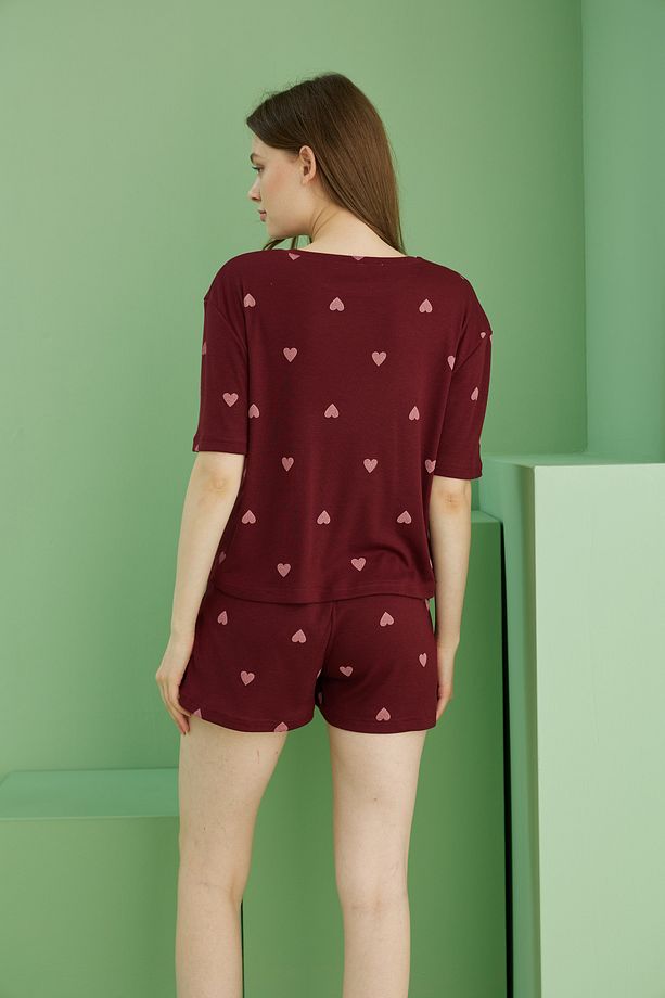 bordo kalp baskılı Fitilli Kaşkorse Örme Şort Takım - 3
