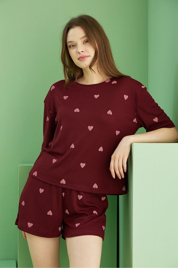 bordo kalp baskılı Fitilli Kaşkorse Örme Şort Takım - 1