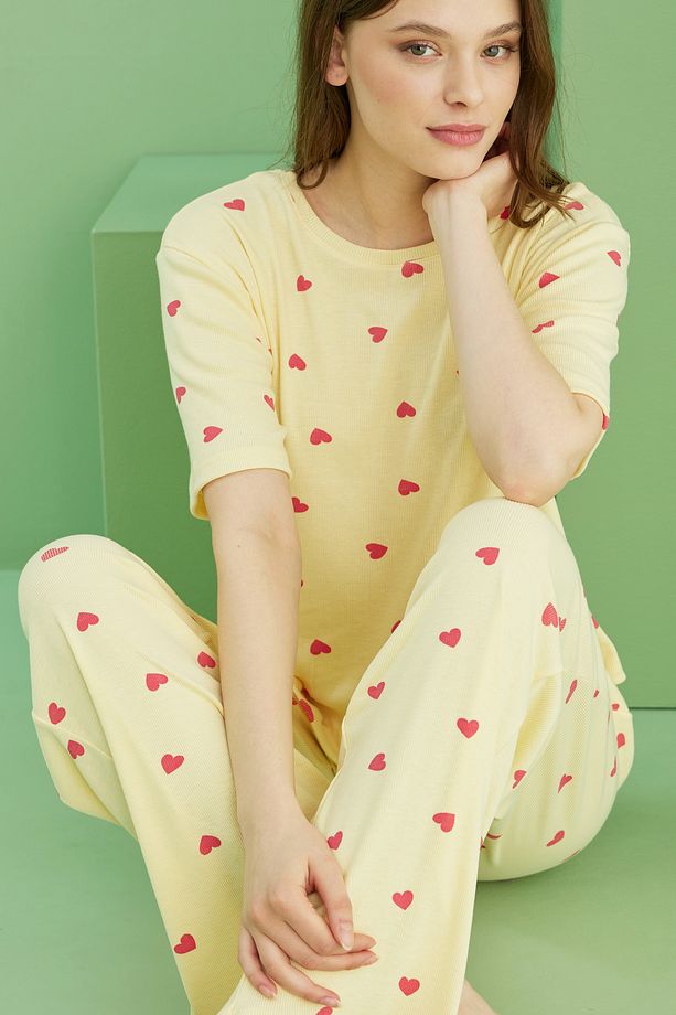 sarı kalp baskılı Fitilli Kaşkorse Örme Pijama Takım - 1