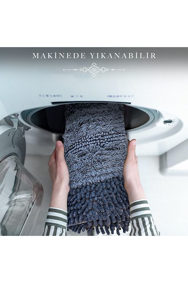 Macoroni Oval Antrasit Oda Banyo Halısı Makinede Yıkanabilir %100 Pamuk Dokuma - 6