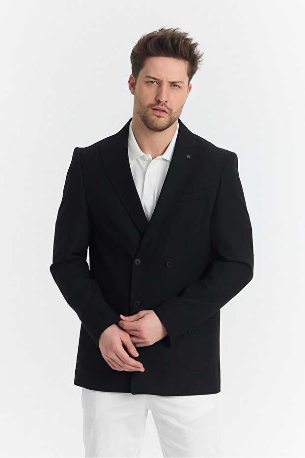 Leons Men's Dark Navy Double Breasted Bag Pocket Full Lined Slim Fit Lycra Sports Blazer Jacket