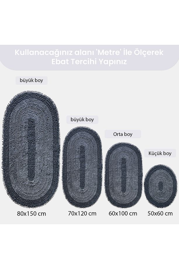 Macoroni Oval Antrasit Oda Banyo Halısı Makinede Yıkanabilir %100 Pamuk Dokuma - 7