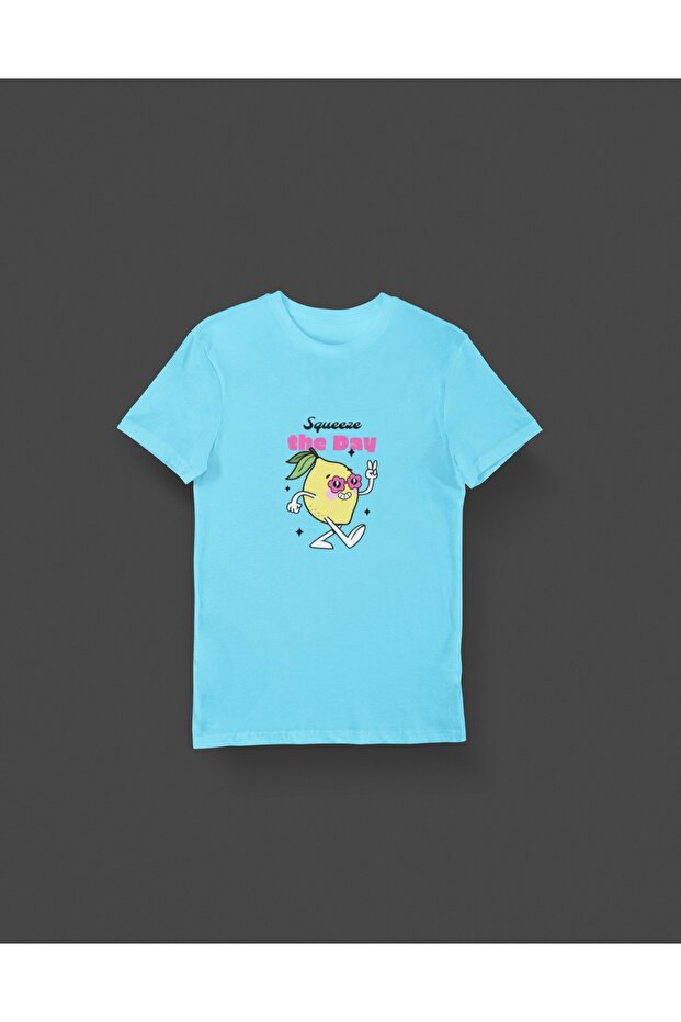 Girl Boy Squueze the Day Transfer Printed Round Neck Short Sleeve Tee