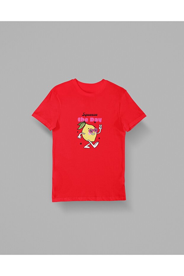 Girl Boy Squueze the Day Transfer Printed Round Neck Short Sleeve Tee