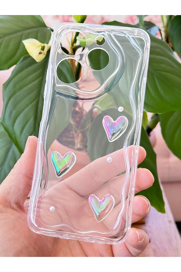 Tecno Spark 10 Pro Kılıf 3D Kalpli İnci Tasarımlı Desenli Kamera Korumalı Şeffaf Silikon Kapak - 1