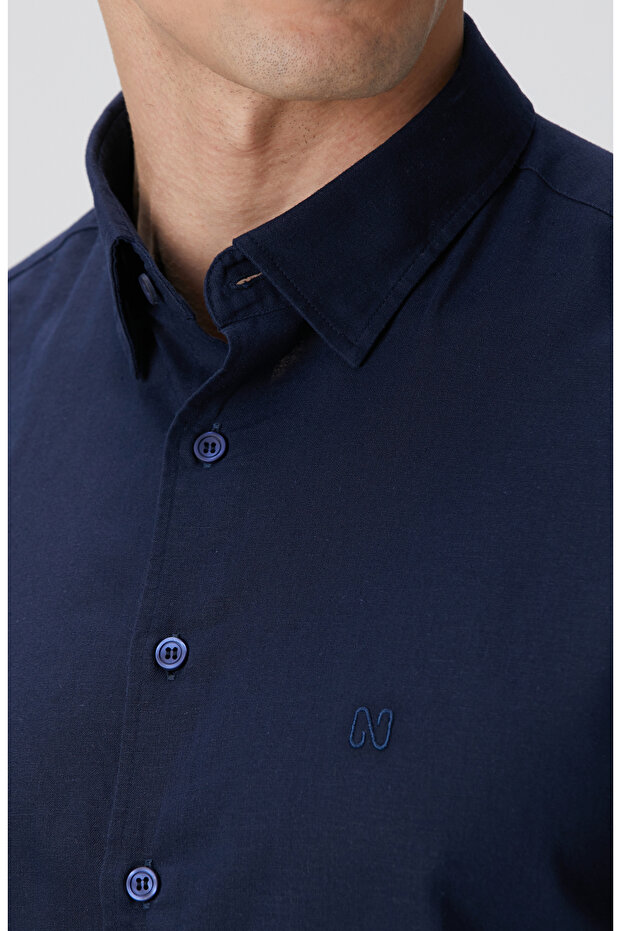 Lacivert Keten Gömlek - 6