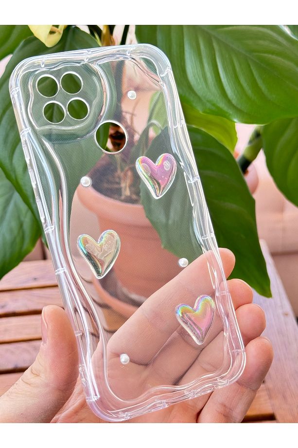 Oppo A15/A15S Kılıf 3D Kalpli İnci Tasarımlı Desenli Kamera Korumalı Şeffaf Silikon Kapak - 2