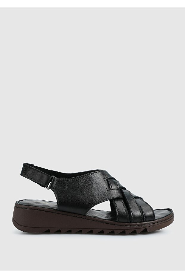 Siyah Deri Kadın Konfor Sandalet - 1