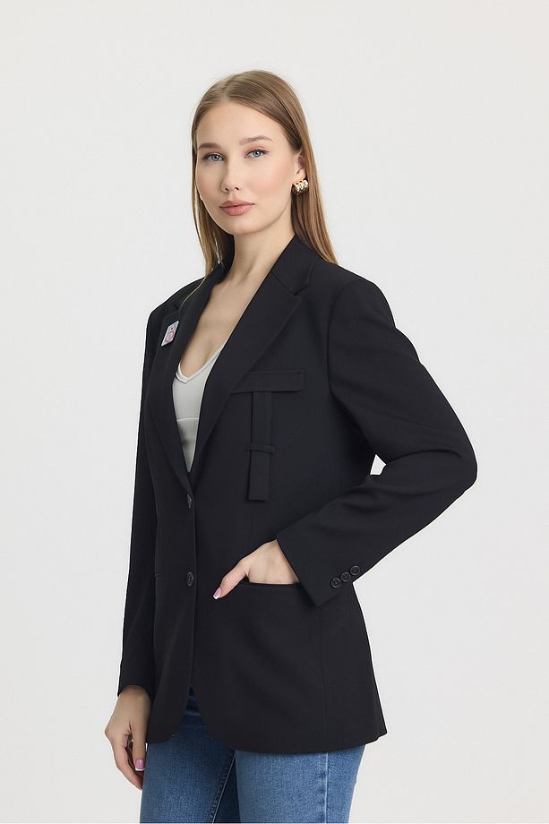 Siyah Çift Düğme Kapama Blazer Ceket - 5