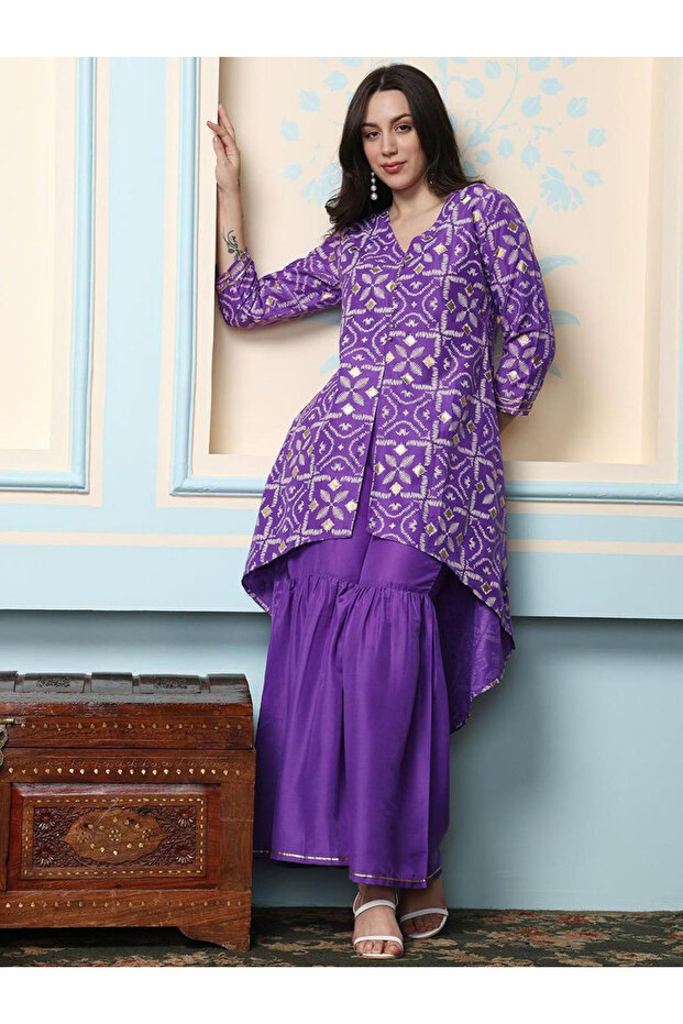 Printed V-Neck Asymmetric Hem Kurta with Sharara Sets