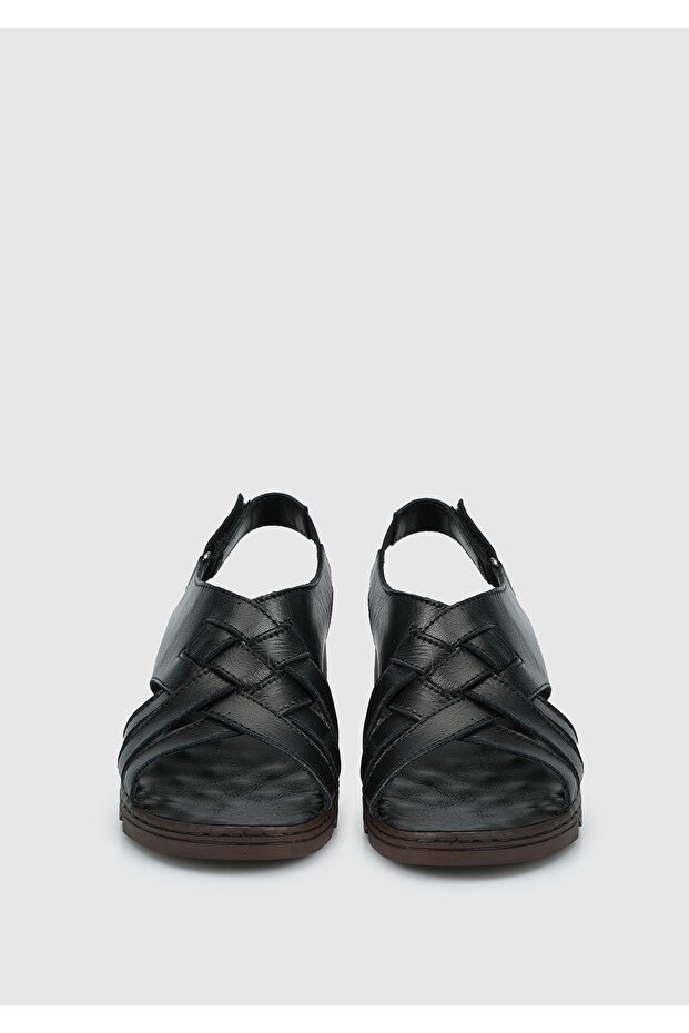 Siyah Deri Kadın Konfor Sandalet - 3