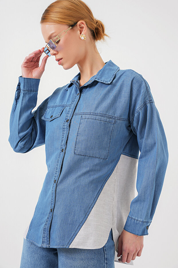Women's Back Detailed Denim Shirt 20305 - Blue