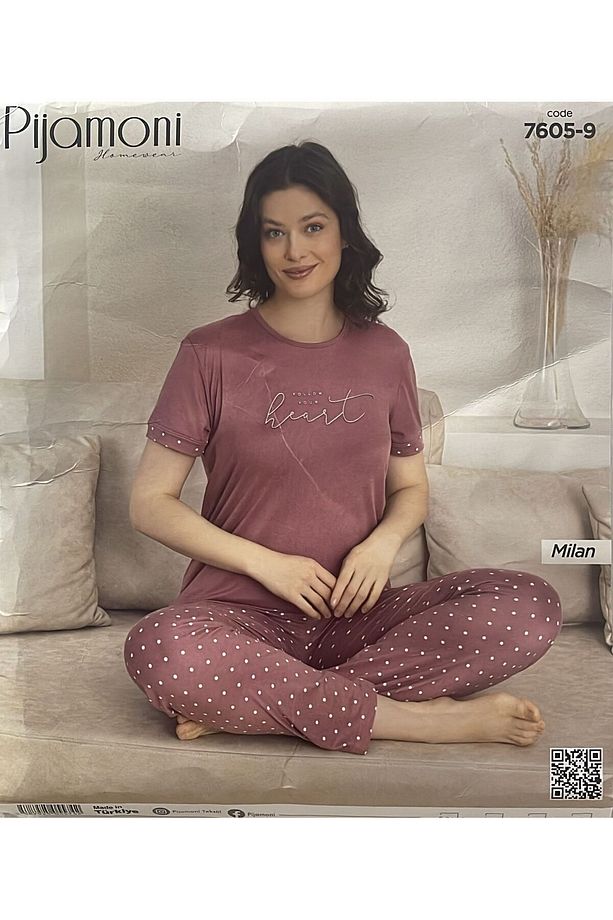 PEMBE KISA KOLLU ŞIK PİJAMA TAKIMI NOONLINE11234 - 1