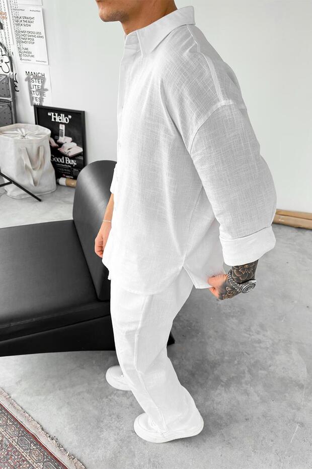 Λευκό Premium Λινό Basic Oversize Πουκάμισο - 3